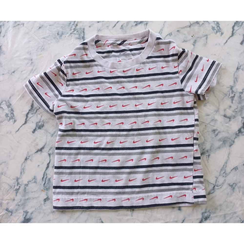 Nike T-Shirt Kids 2T White Striped Red Swoosh Logo Graphic‎ Short Sleeve Tee AOP